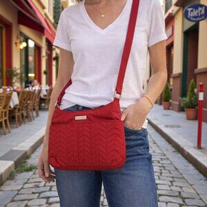 Baggallini Red Quilted Crossbody Bag | Lightweight Travel Purse | Chevron Nylon